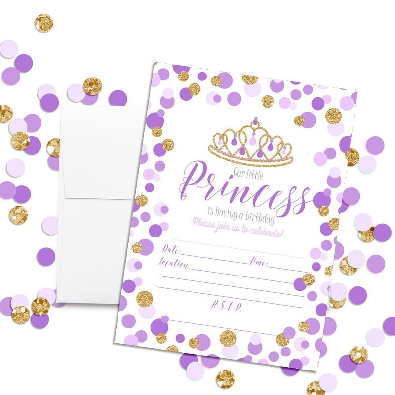 Amanda Creation Purple and Gold Glitter Polka Dot Princess Birthday Party Invitations for Girls, 20 5x7 Fill In Cards with Twenty White Envelopes by AmandaCreation - Image 2